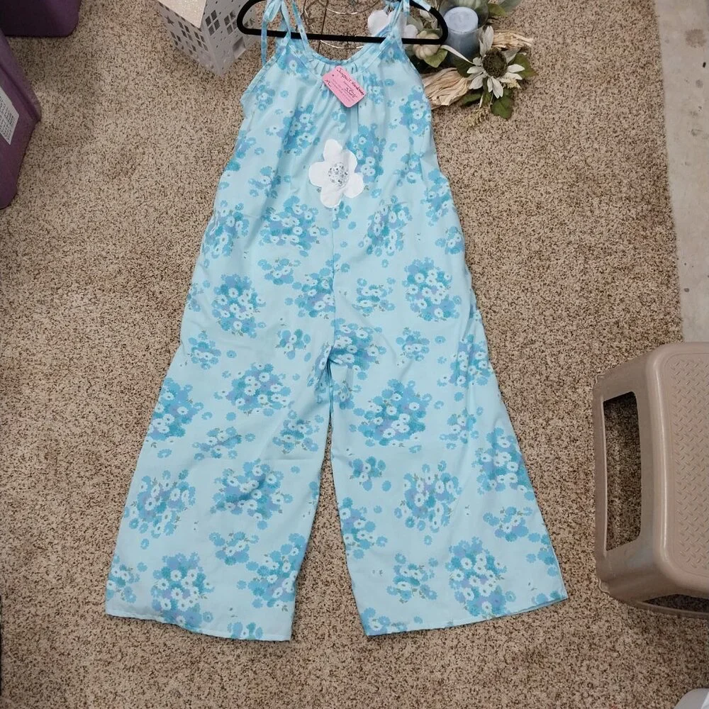 3528 Size XL Handmacde Jumpsuit In Blue and Purple with Appliqued Flowers. - Picture 5 of 5